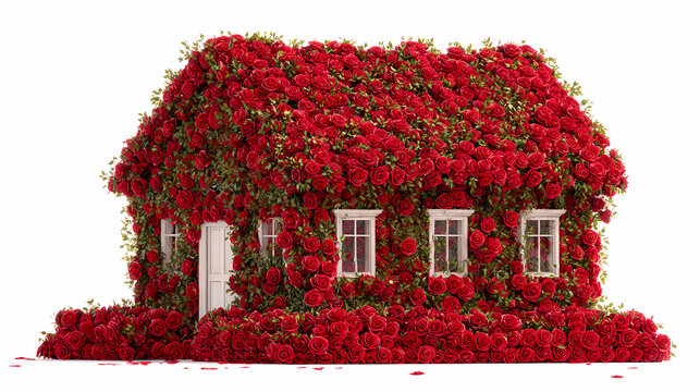 House covered entirely in blooming red roses with white windows and door.