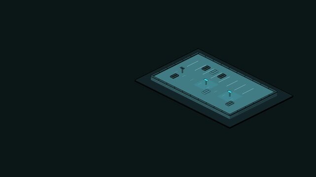 Seamless 4K looping isometric animation: rooftop parking isometric view lit. Clean flat vector scene on a dark background in teal and cyan, with blank callout tags and plenty of copy space for your ow