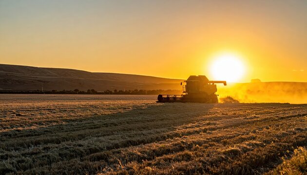 Golden Sunset Over Farm Field with Combine Harvester in Action During Harvest Season