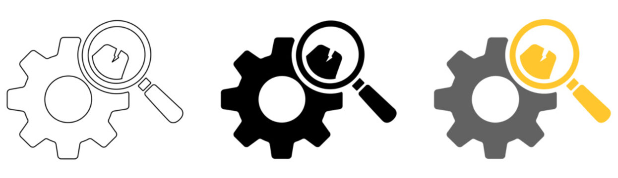 Gear Component Beneath a Magnifying Glass Highlighting One Imperfect Tooth, Line Icon Set in Black, Gray and Yellow