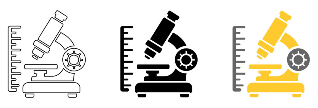 Microscope With a Measurement Scale and Adjustment Dial for Precision Calibration, Icon Set in Black, Gray and Yellow