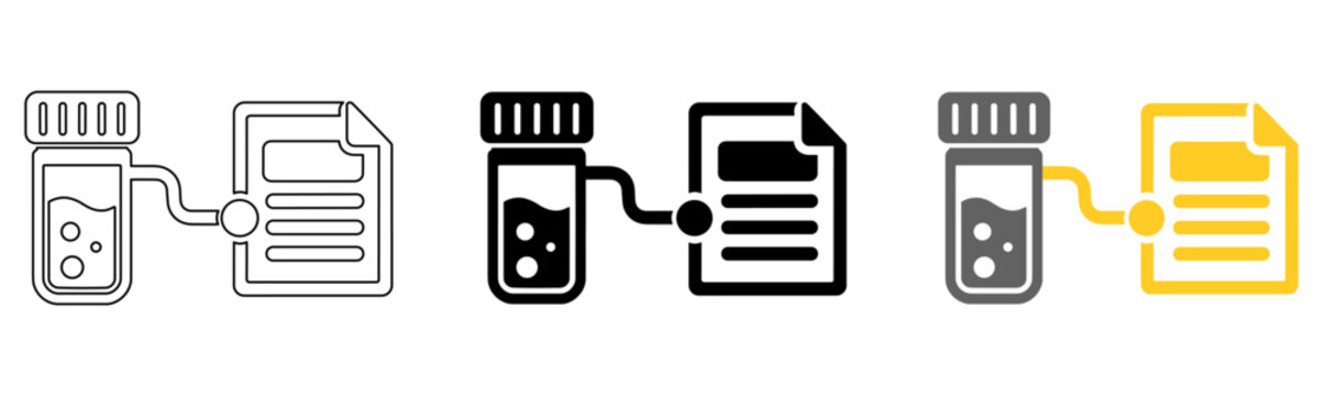 Laboratory Sample Connected to a Data Record for Research Data Traceability, Icon Set in Black, Gray and Yellow