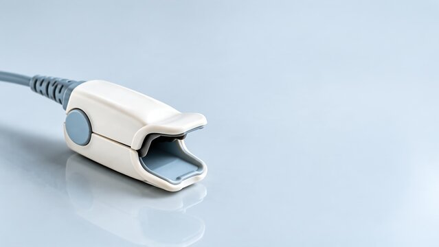 White medical pulse oximeter finger sensor probe on blue background