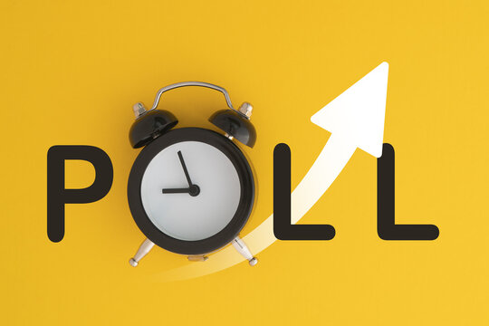 POLL text with black analog alarm clock instead of O alphabet and increasing graph on yellow background