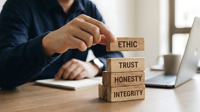 A businessperson carefully constructs a tower of wooden blocks displaying core values like trust ethics and integrity