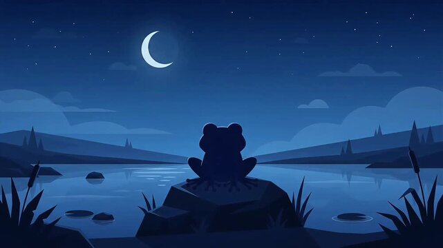 Vector landscape animation of cute frog sitting on rock by calm lake under starry night sky and crescent moon