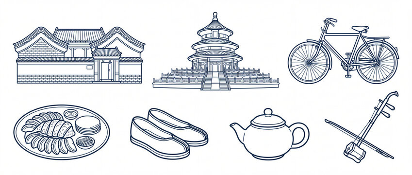 Beijing culture line art icons in dark blue outline on a white surface featuring Siheyuan courtyard, Temple of Heaven, bicycle, Peking duck, cloth shoes, teapot, and erhu for travel guides
