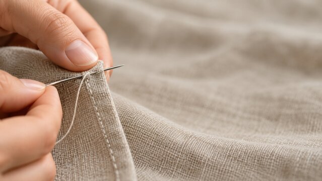 Skilled Hands Stitching Linen Fabric with Needle and Thread Creates a Meticulous Handcrafted Hem on Natural Textile Material with Copy Space