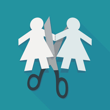 Flat design illustration of scissors cutting paper chain lesbian couple figures, symbolizing marriage breakup, divorce, conflict, and legal separation