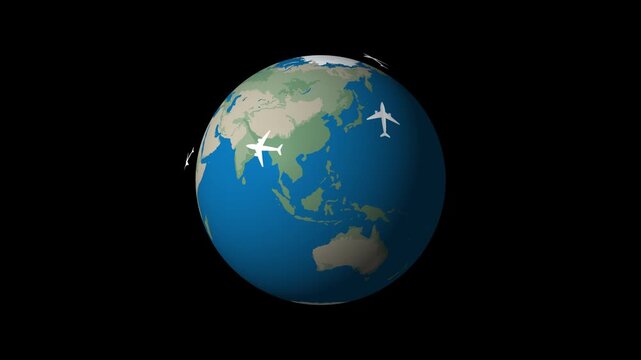 Global air traffic network with airplanes flying around rotating planet earth