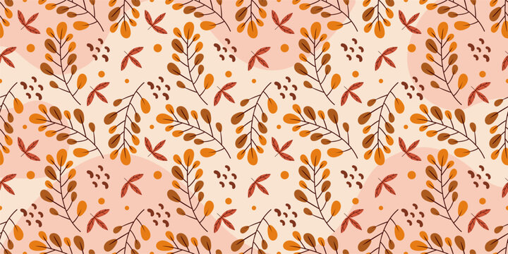 Autumn floral seamless pattern wallpaper featuring fall foliage leaves and berries on orange background