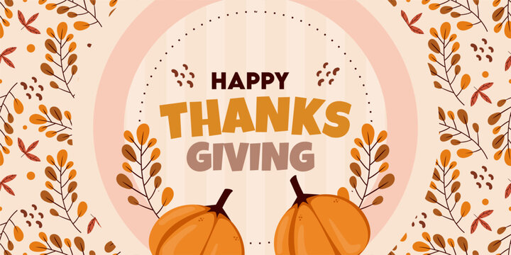 Happy Thanksgiving horizontal banner template with pumpkins and autumn leaves arch frame