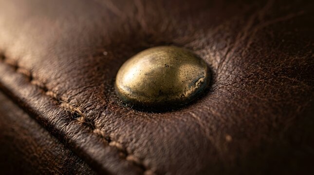Brass stud detail on dark brown leather texture with visible stitched seam lines
