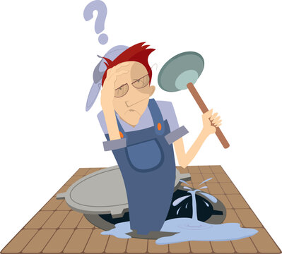 Pensive plumber worker cleaning sewage clog in the sewer manhole