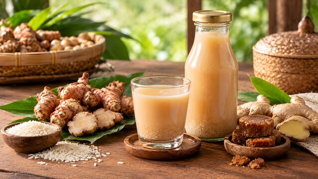 traditional Indonesian jamu beras kencur served in an elegant glass bottle and drinking glass, featuring a creamy golden-beige herbal beverage with natural sediment. Fresh kencur roots, rice grains