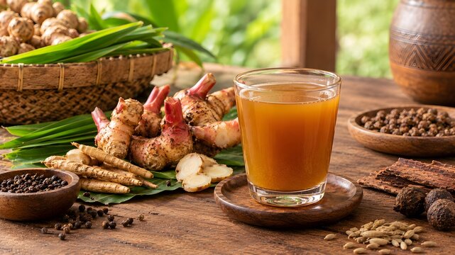 Photorealistic traditional Indonesian jamu cabe puyang served in a small clear glass, featuring a warm golden-brown herbal beverage with natural earthy tones. Fresh aromatic roots, ginger