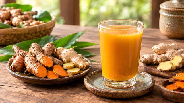  traditional Indonesian jamu temulawak served in a clear glass, featuring a rich golden-orange herbal beverage with a natural earthy color and subtle sediment. Fresh temulawak roots