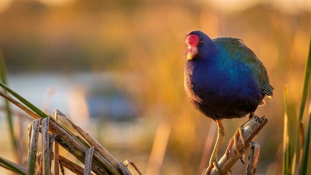 purple gallinule close up sunset light at florida everglades, background