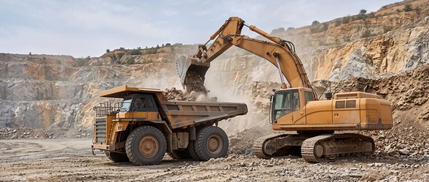Hydraulic excavator loading blasted rock into dump truck in open pit quarry. Heavy industrial machinery working at stone extraction mining site
