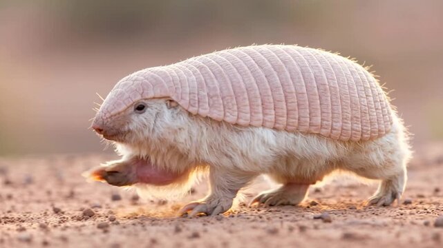 pink fairy armadillo walking in monte desert, argentina at morning light video