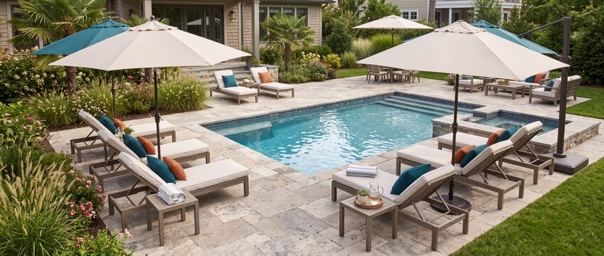 Residential backyard swimming pool with lounge chairs and patio umbrellas. Stone terrace with outdoor furniture and landscaped garden