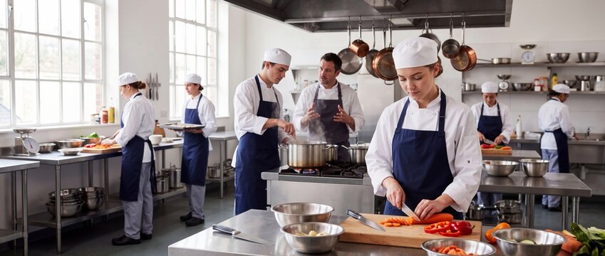 Culinary school students learning food preparation in a commercial kitchen. Chef instructor supervising culinary apprentices during cooking class