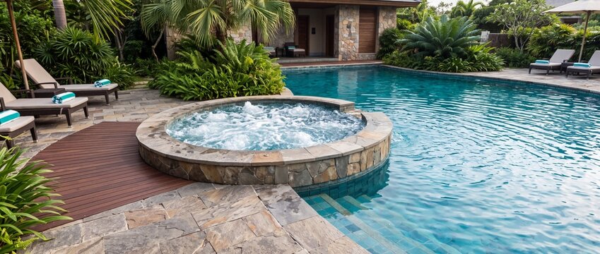 Circular bubbling hot tub integrated into a resort swimming pool. Outdoor jacuzzi surrounded by stone paving and tropical garden