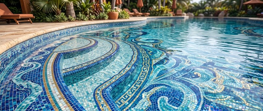 Intricate blue mosaic tile pattern on swimming pool steps. Ornate aquatic wave design with glass tiles under clear water