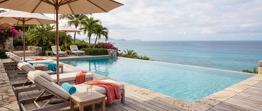 Infinity swimming pool overlooking the ocean. Sun loungers and umbrellas on a wooden deck at a tropical seaside resort
