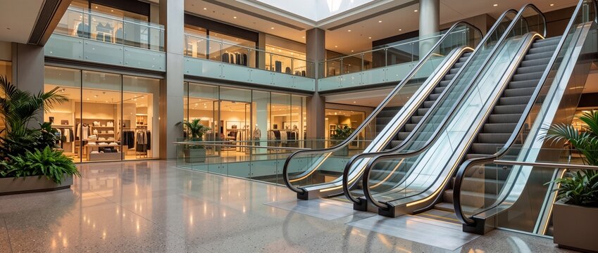 Multi-level shopping mall interior with escalators and retail store displays. Modern commercial center architecture with glass railings and polished floor