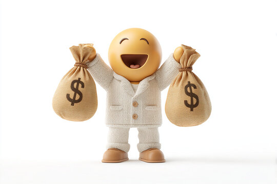 Happy 3D character wearing white suit holding two large money bags with dollar signs isolated on transparent background for financial success and wealth growth business marketing visual presentation
