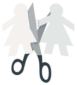 Vector illustration of scissors cutting paper chain lesbian couple figures, symbolizing marriage breakup, divorce, conflict, and separation (cut out)