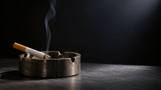 Lit cigarette smoking in metal ashtray creating lonely dramatic mood