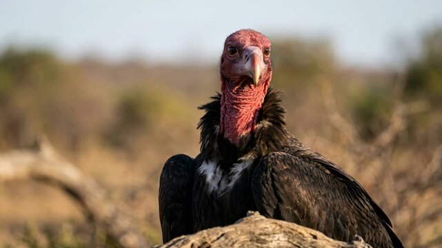 red headed vulture close up in sunlight at chitwan national park video
