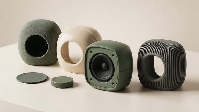 Compact tabletop speaker body shown with three interchangeable shells in different materials. Product customization concept