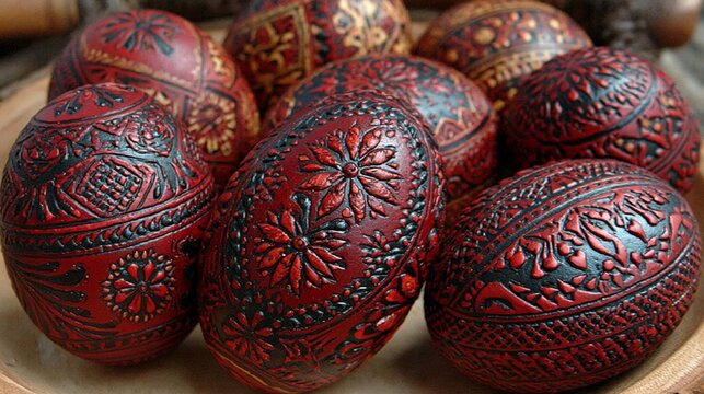 Intricate red and black patterned eggs rest in a wooden bowl with a blurred background.
