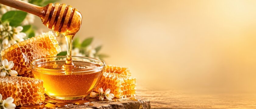 Golden Honey Dripping from Wooden Dipper into Glass Bowl Surrounded by Natural Honeycomb and White Flowers
