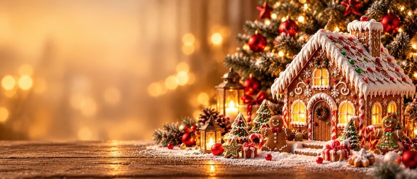 Festive Christmas Gingerbread House with Glowing Windows and Decorated Cookies Beside Illuminated Christmas Tree on Golden Background