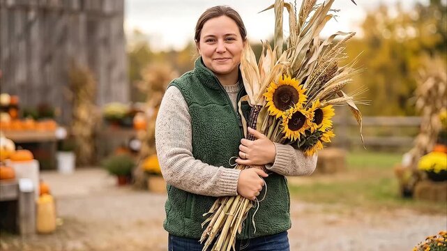 Video footage of a happy woman holding autumn harvest bouquet at a rural farm market.