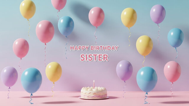 Happy birthday sister text with colorful floating balloons and a single lit candle on a small frosted cake against a soft pastel gradient background for a festive celebration