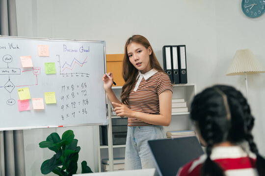 Young businesswoman explaining strategy and growth chart to colleague in modern office environment with whiteboard