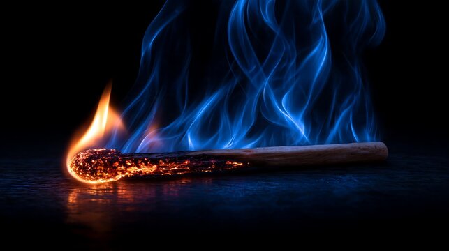 Burning Matchstick with Tall Electric Blue Flames Against Black Background