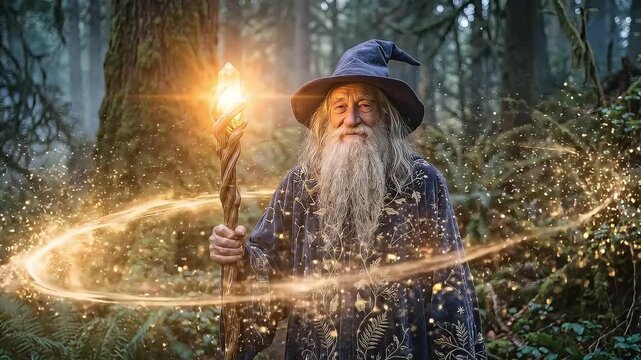 Wise wizard holding glowing magic staff in enchanted forest background loop footage.