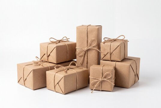 Ecofriendly Gift Packages Wrapped in Brown Kraft Paper with Twine String