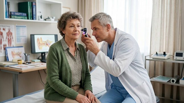 Doctor examining senior womans ear with otoscope in medical examination room