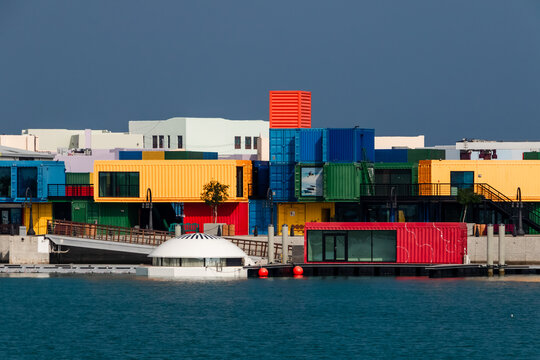 View into land of multi coloured containers repurposed as buildings, Box Park district, Old Doha Port area, Doha, Qatar