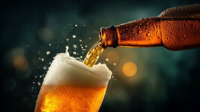 Cold golden beer pouring from a wet brown glass bottle into a clear glass creating thick white foam and sparkling liquid droplets against dark moody bokeh background