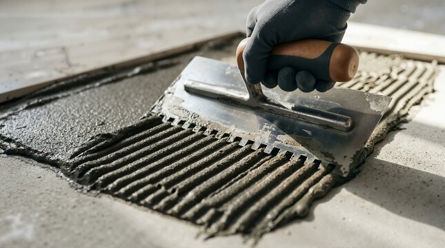 Tiler spreading mortar adhesive with notched trowel on concrete floor. Professional ceramic tile installation and floor renovation