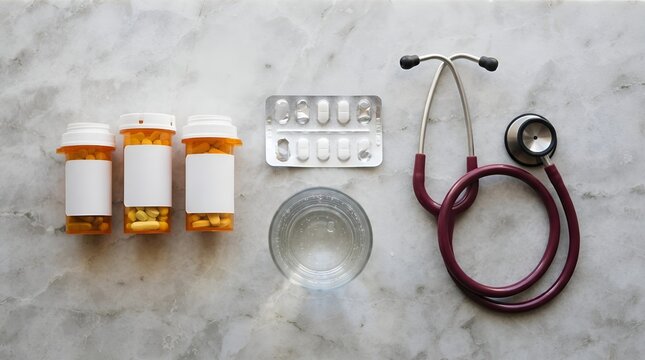 Prescription Bottles and Blister Pack With Stethoscope Flat Lay