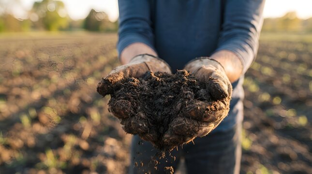 Gloved Hands Holding Rich Dark Soil in Agricultural Field